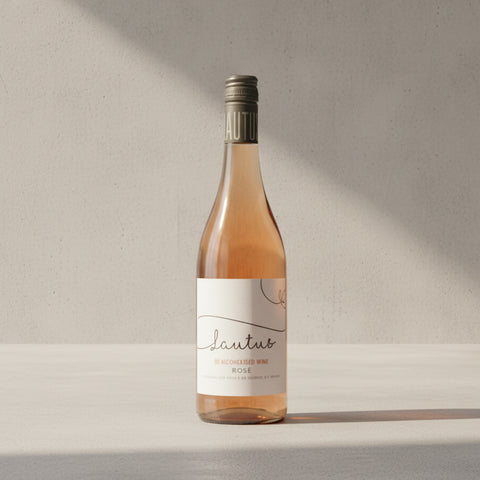 Bottle of Lautus non-alcoholic rose wine on a white background