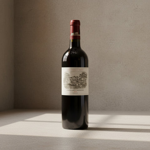 Red wine bottle with a visible label on a white background