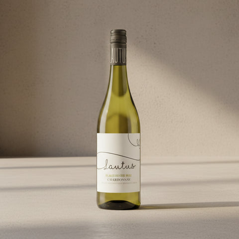 Bottle of Lautus Chardonnay wine on a white background
